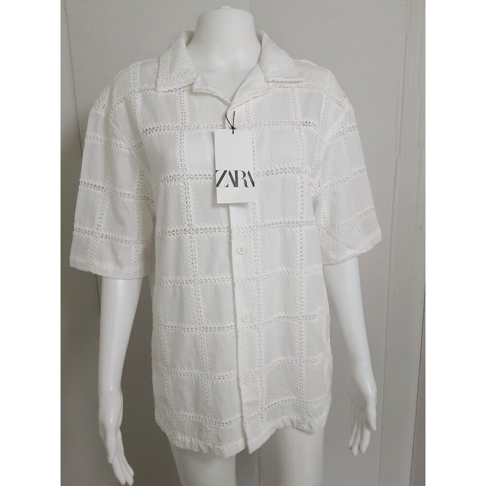 ZARA Men's 100% Cotton Crochet-Grid Short Sleeve Button-Down Shirt Sz S - NWT